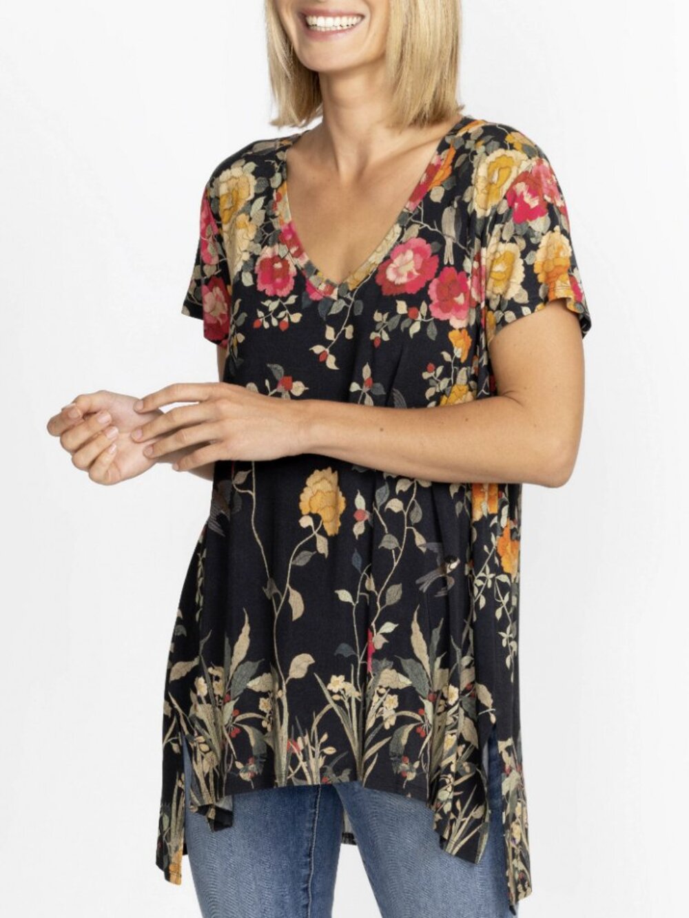 Johnny Was Floral Graceful Drape V-Neck Tunic Size XS